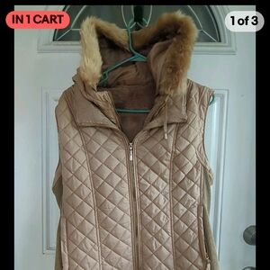 Women's Quilted Tan Hooded Vest With Removable Hood And Liner